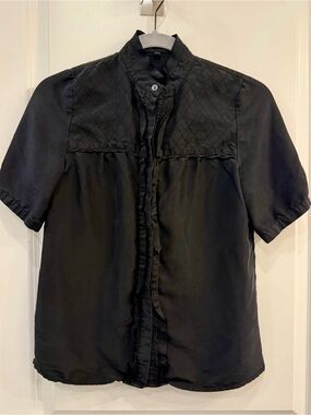 Black Short-Sleeve Silk Button-Up Shirt with Quilted Yoke by Alice Ritter